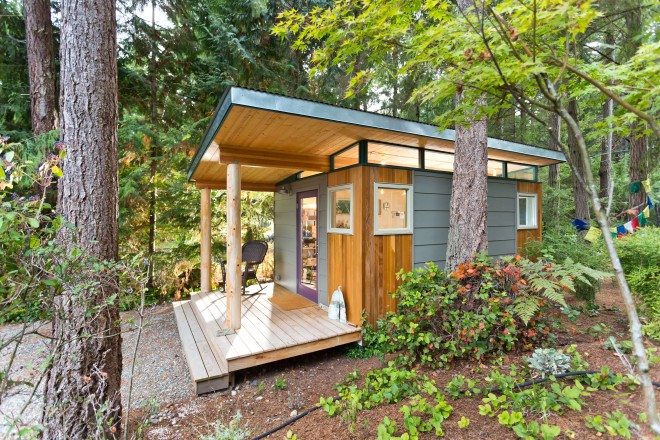 Lin's 12' by 16' Modern-Shed nestled in the front yard of her Vashon Island home.